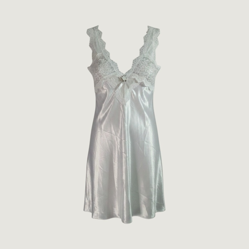 California Dynasty Nightgown Women Large Ivory White Lace Satin Chemise 009M04